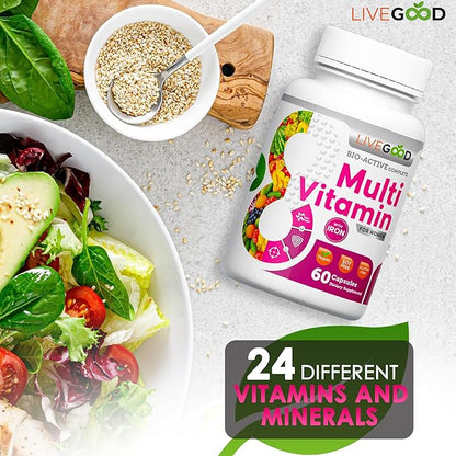 LIVEGOOD™ Women's Bio-Active Complete Multivitamin with Iron, Vitamin A, B12, C, E, Lycopene, Vegan, 60 Capsules