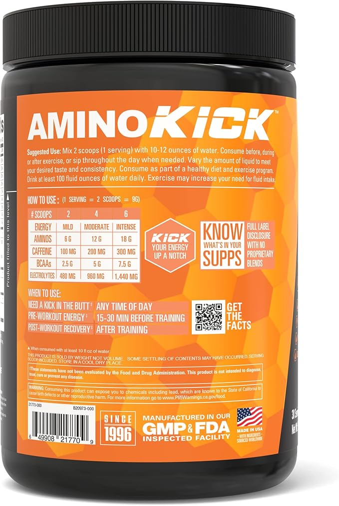 NutraBio Amino Kick - BCAA's, Electrolytes for Hydration, Natural Caffeine- 30 Servings- (Orange Mango)