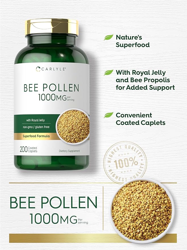 Carlyle Bee Pollen Supplement | 1000mg | 200 Caplets | with Royal Jelly and Bee Propolis | for Men and Women | Vegetarian, Non-GMO, Gluten Free