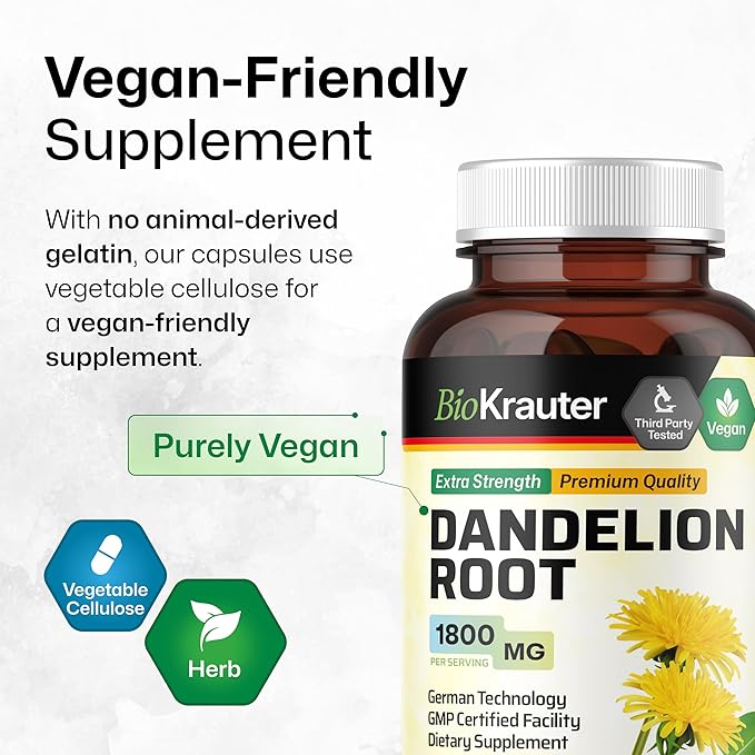 BIO KRAUTER Dandelion Root Capsules - 1800 mg Strength - 100 Count - Dandelion Root Supplement - Vegan Dandelion Powder Capsules for Digestion, Liver Support, Cleansing and Immunity