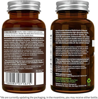 Methylated Men's Multivitamin, MTHFR Supplement with Active B-Vitamins, High Strength 2 a Day Multivitamin for Sustained Release, Added Lycopene, Clean Label, Non-GMO & Vegan 60 Tablets, by Igennus