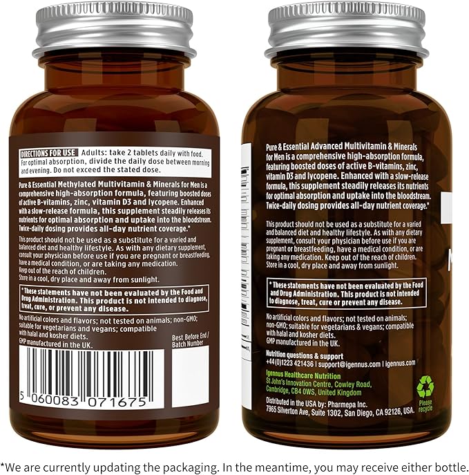 Methylated Men's Multivitamin, MTHFR Supplement with Active B-Vitamins, High Strength 2 a Day Multivitamin for Sustained Release, Added Lycopene, Clean Label, Non-GMO & Vegan 60 Tablets, by Igennus x6