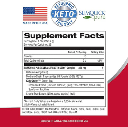 Slimquick Pure 3x Extra Strength Mixed Berry Drink Mix for Women to Help Achieve Weight Goals, Helps Metabolism, Keeps Full for Longer with Green Tea, Caffeine, Chaste Tree, Rhodiola Extract, 26 Count