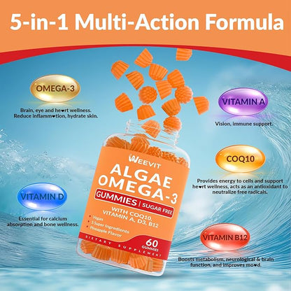 Vegan Omega 3 Gummies, Algae Omega 3 Supplement DHA 240mg, EPA 110mg w/Vitamin B12, CoQ10, Omega 3 Fish Oil Alternative for Adults - Brain, Bone, Joint, Eye & Immunity Support