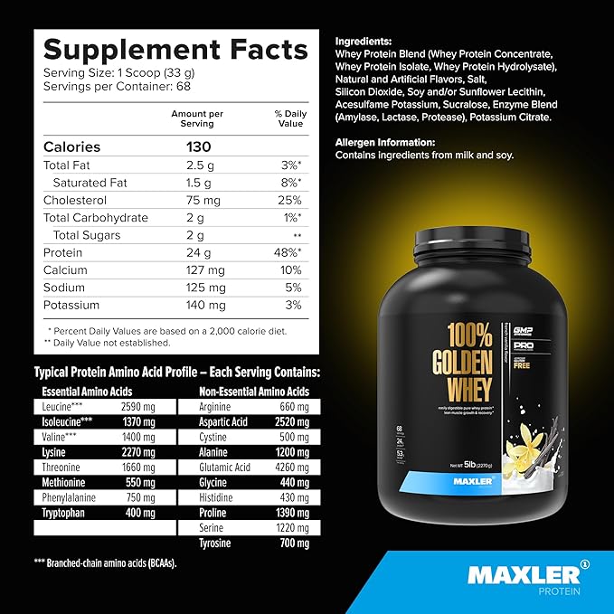 Maxler 100% Golden Whey Protein - 24g of Premium Whey Protein Powder per Serving - Pre, Post & Intra Workout - Fast-Absorbing Whey Hydrolysate, Isolate & Concentrate Blend - French Vanilla 5 lbs