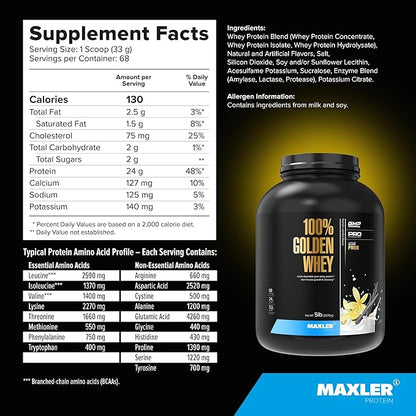 Maxler 100% Golden Whey Protein - 24g of Premium Whey Protein Powder per Serving - Pre, Post & Intra Workout - Fast-Absorbing Whey Hydrolysate, Isolate & Concentrate Blend - French Vanilla 5 lbs
