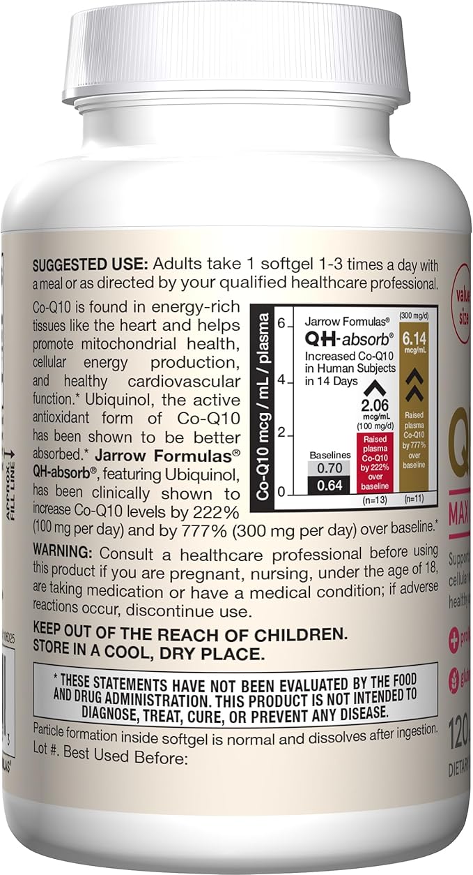 Jarrow Formulas® QH-Absorb®, 100 mg, Ubiquinol Dietary Supplement for Healthy Cardiovascular Function, 120 Softgels, 120 Day Supply