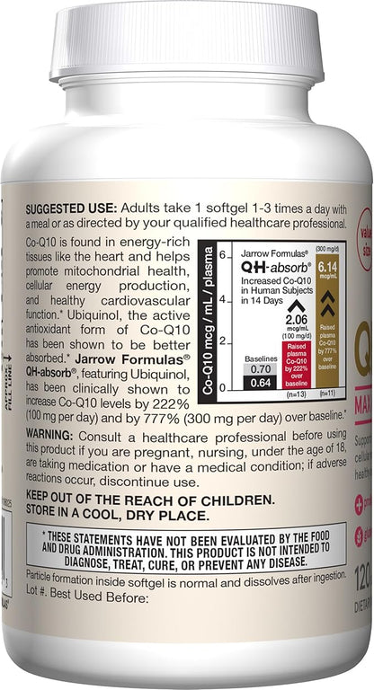 Jarrow Formulas® QH-Absorb®, 100 mg, Ubiquinol Dietary Supplement for Healthy Cardiovascular Function, 120 Softgels, 120 Day Supply