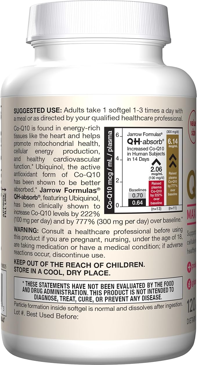 Jarrow Formulas® QH-Absorb®, 100 mg, Ubiquinol Dietary Supplement for Healthy Cardiovascular Function, 120 Softgels, 120 Day Supply