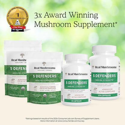 Real Mushrooms 5 Defenders Powder - Organic Mushroom Extract w/Chaga, Shiitake, Maitake, Turkey Tail, & Reishi - Mushroom Supplement for Brain, Focus, & Immune Support - Vegan, Non-GMO, 100 Servings