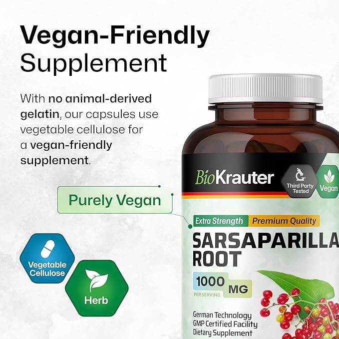 BIO KRAUTER Sarsaparilla Root Capsules - 1000 mg Pure Sarsaparilla Extract Capsules - 250 Vegan Sarsaparilla Root Powder Caps - Sarsaparilla Herb Supplement