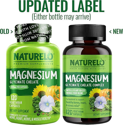 NATURELO Magnesium Glycinate Chelate Complex - 200 mg Magnesium with Organic Vegetables to Support Sleep, Calm, Muscle Cramp & Stress Relief – Gluten Free, Non GMO - 120 Capsules