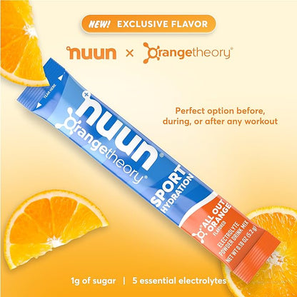 Nuun Sport Electrolyte Powder Packets - All Out Orange, 5 Essential Electrolytes for Hydration, Exclusive Orangetheory Fitness Flavor, 1g Sugar, Non GMO, Vegan, 16 Single Serving Sticks