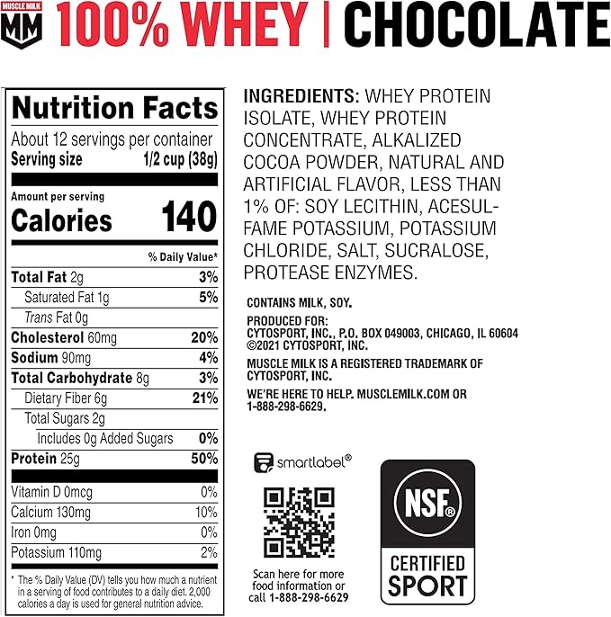 Muscle Milk 100% Whey Protein Powder, Chocolate, 5 Pound, 66 Servings, 25g Protein, 2g Sugar, Low in Fat, NSF Certified for Sport, Energizing Snack, Workout Recovery, Packaging May Vary