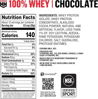 Muscle Milk 100% Whey Protein Powder, Chocolate, 5 Pound, 66 Servings, 25g Protein, 2g Sugar, Low in Fat, NSF Certified for Sport, Energizing Snack, Workout Recovery, Packaging May Vary