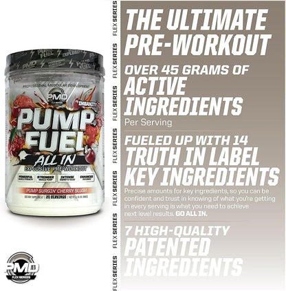 PMD Sports Pump Fuel All in Insanity - Ultimate Muscle Pump Supplement & Pre Workout Powder - Maximum Energy and Focus with Premium Creatine, Beta Alanine & More -Surgin’ Cherry Slush (20 Servings)
