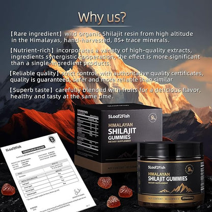 Organic Shilajit Gummies, Pure Himalayan Shilajit Gummies for Men Supplement, Gold Shilajit Gummies for Women，Natural 85+ Trace Minerals, Ashwagandha, Black Seed Oil Extract, 90 Gummies