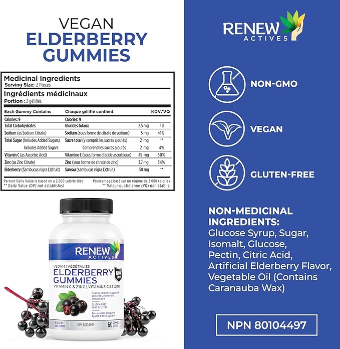 Renew Actives Vegan Elderberry Gummies with Vitamin C & Zinc - Antioxidants for Immune Function & Healthy Development of Bones, Cartilage, Hair, Nails, and Skin - 60 Gummies