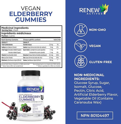 Renew Actives Vegan Elderberry Gummies with Vitamin C & Zinc - Antioxidants for Immune Function & Healthy Development of Bones, Cartilage, Hair, Nails, and Skin - 60 Gummies