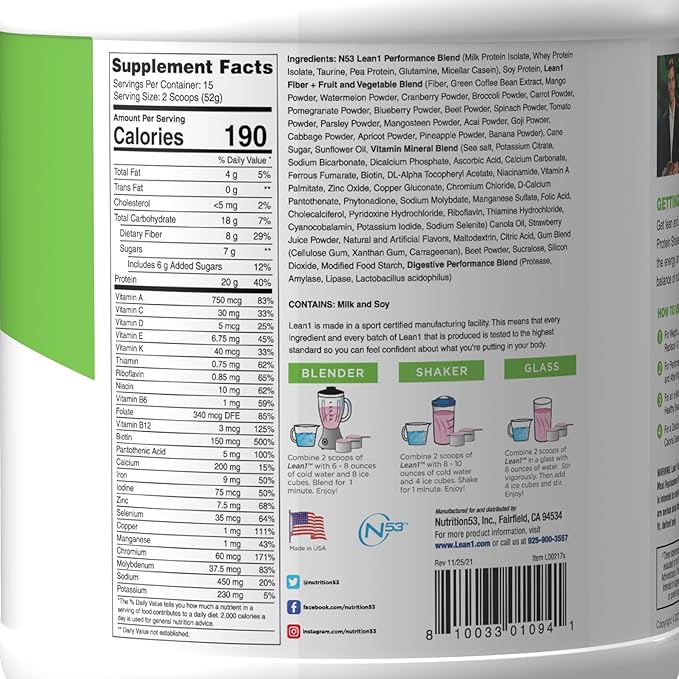 Nutrition 53 Lean 1 Meal Replacement Powder for Weight Loss, Fat Burner, Appetite Control Regular Tub 2500cc Strawberry (15 Servings)