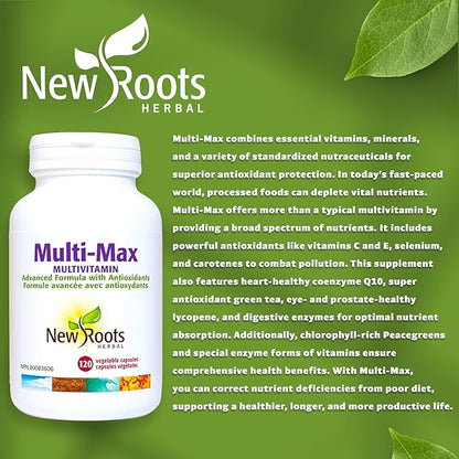 New Roots | Maximum Multi Vitamin and Minerals Supplement | 45 Ingredients: D3, Calcium, Green Tea, Bee Pollen, chlorella, spirulina Coenzyme Q10, Quercetin and More (120 Capsules)