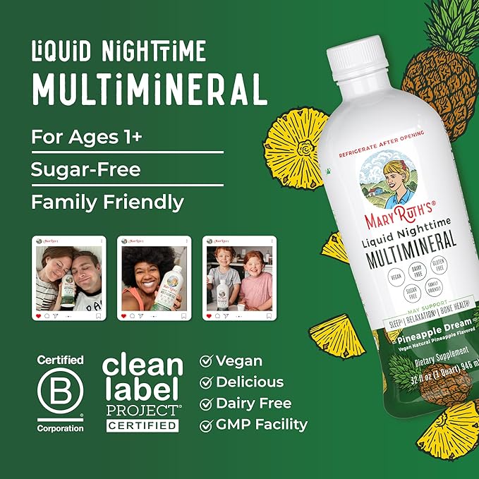 MaryRuth Organics Liquid Nighttime Multimineral Sleep Supplement | Sugar Free | Calm Magnesium Citrate | NO Melatonin | Calcium Magnesium Zinc | Pineapple Dream| Vegan | Gluten Free | 32 Servings