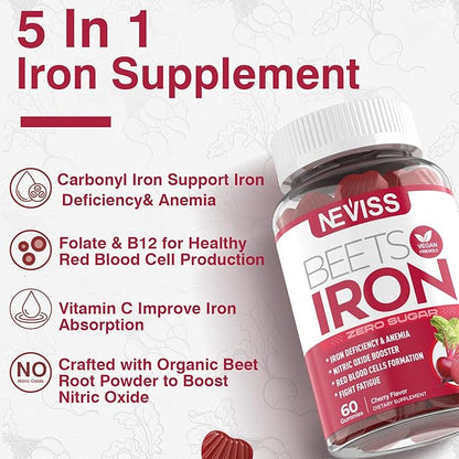 Sugar Free Iron Gummies, w/Beet Root, Vitamin C, B12, Folate for Iron Deficiency, Anemia, Energy Support, Non-Constipating, Gentle Iron Supplement for Women Men, No Rust Aftertaste, Vegan, 1 Pack