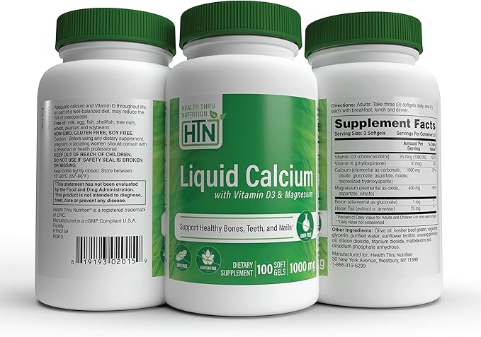 Health Thru Nutrition Liquid Calcium 1000mg, Magnesium 400mg, Vitamin D3 1,000iu and Boron | Bone Restore & Strength with 6 Calcium Complex | 3rd Party Tested | Non-GMO Gluten Free (Pack of 100)