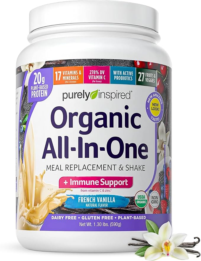 Purely Inspired All-in-One Vegan Protein Powder for Men & Women, French Vanilla (16 Servings) - Plant-Based Organic Protein Powder for Shakes & Smoothies - Gluten-Free Nutritional Meal Replacement