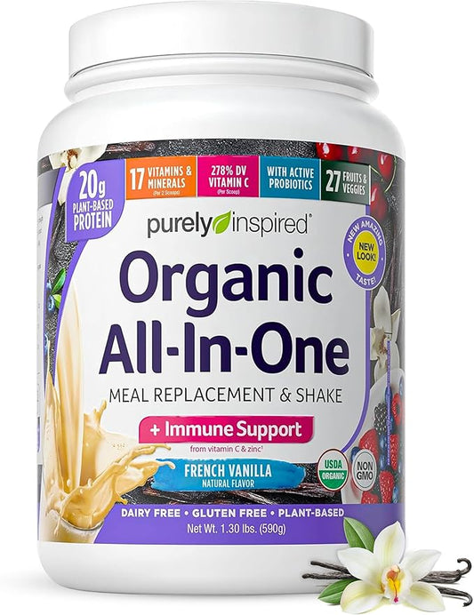 Purely Inspired All-in-One Vegan Protein Powder for Men & Women, French Vanilla (16 Servings) - Plant-Based Organic Protein Powder for Shakes & Smoothies - Gluten-Free Nutritional Meal Replacement
