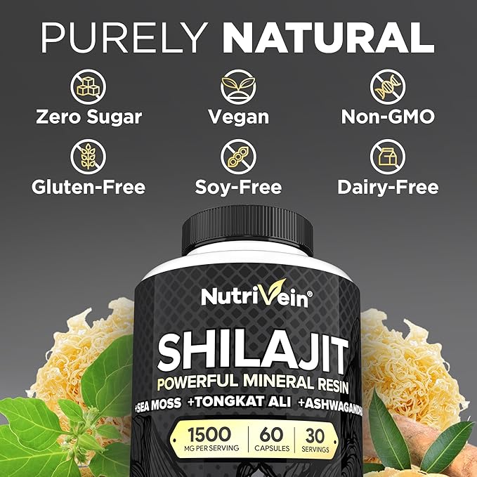 Nutrivein Shilajit Supplement 1500mg - Pure Himalayan Shilajit - Powerful Resin Extract Blended with Sea Moss, Tongkat Ali & Ashwagandha - 60 Servings