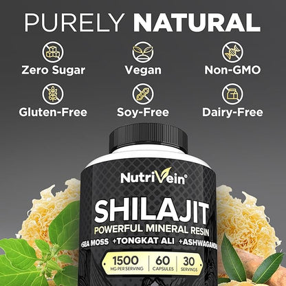 Nutrivein Shilajit Supplement 1500mg - Pure Himalayan Shilajit - Powerful Resin Extract Blended with Sea Moss, Tongkat Ali & Ashwagandha - 60 Servings