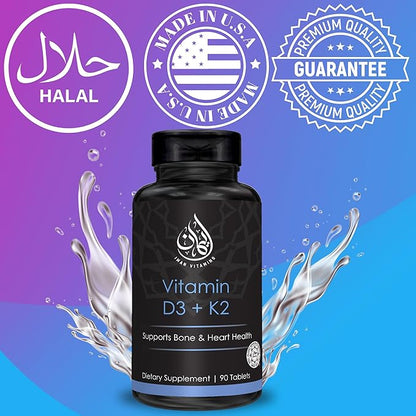 Halal Vitamin D3 with K2 Chewable Tablets - Vitamin D 2000 iu + Menaquinone-7 (MK7) | Supports Heart Health, Bones, and Muscles Health | 90 Count for Men and Women