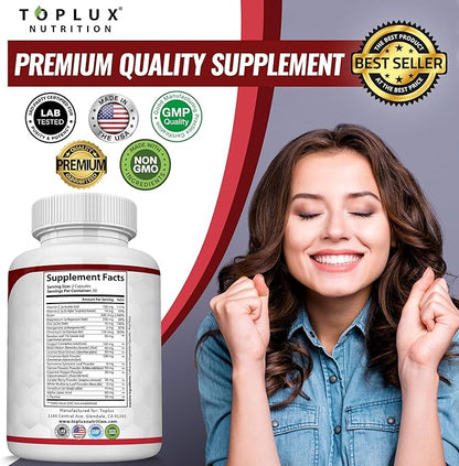 Premium Natural Complex Supplement – Natural 20 Herbs and Vitamins with Cinnamon Non-GMO Vegan, for Men Women, 60 Capsules