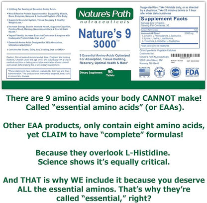 Nature's 9 3000 Essential Amino Acids Supplement, Best EAA Amino Acid Complex All 9 Essential Amino Acid Pills, Vegan Aminos 90 Pill 1 Gram Per Tablet