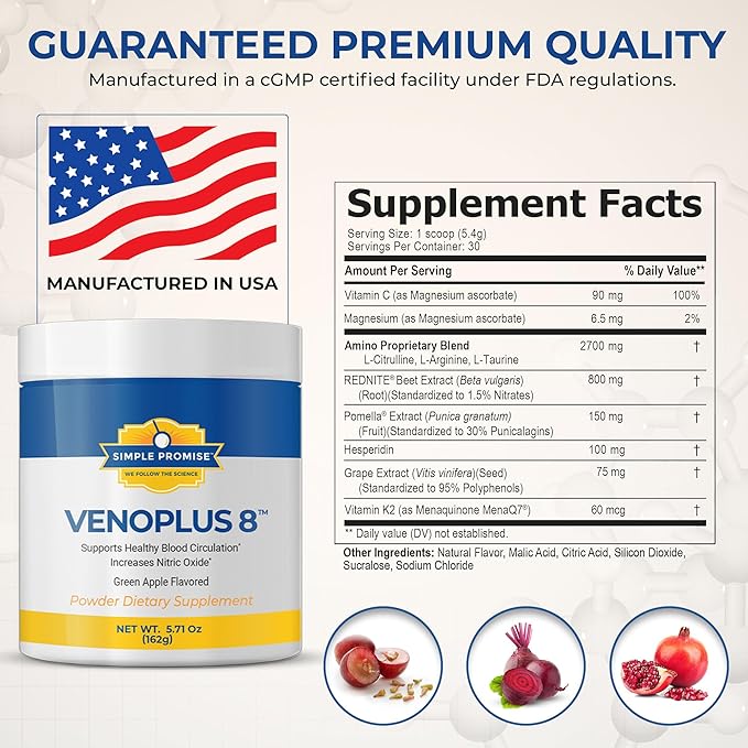 Simple Promise - VenoPlus 8 - Nitric Oxide Supplements for Men and Women - Beet Root Powder with Proprietary Blend - Beet Juice Powder for Blood Circulation, Heart Health
