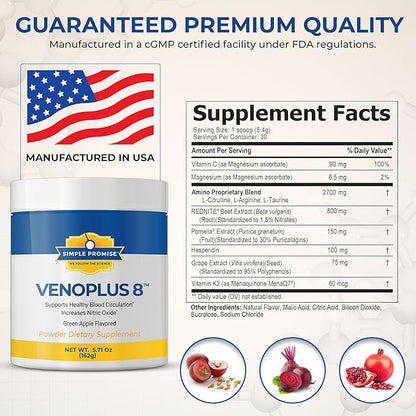Simple Promise - VenoPlus 8 - Nitric Oxide Supplements for Men and Women - Beet Root Powder with Proprietary Blend - Beet Juice Powder for Blood Circulation, Heart Health