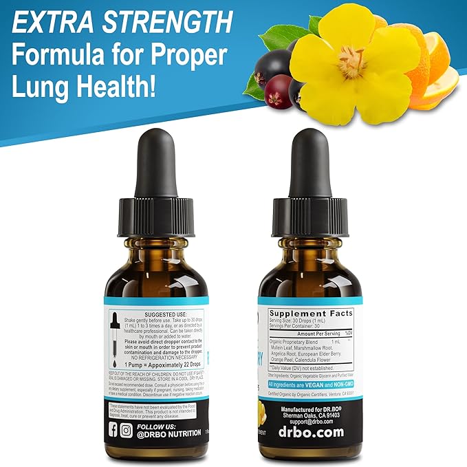 Lung Detox Respiratory Health Drops - Organic Respiratory Supplements Herbal Lung Cleanse, Mullein Drops for Lungs Bronchial Support, Mucus Clear with Mullein Leaf Extract, Elderberry Supplement 1 oz