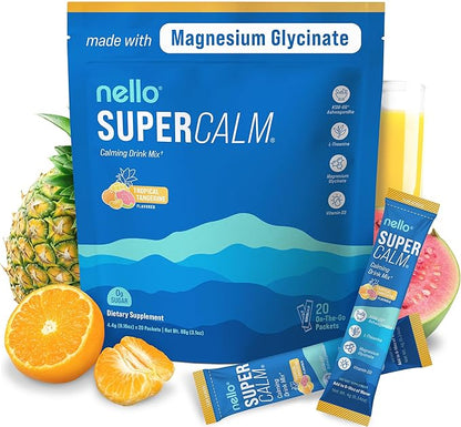 Nello Supercalm Powdered Drink Mix, Tropical Tangerine, L Theanine, Ksm-66 Ashwagandha, Magnesium Glycinate, Vitamin D 3, Supplements for Relaxation & Focus, Natural, No Sugar, Non GMO, Vegan, 20 Srvg