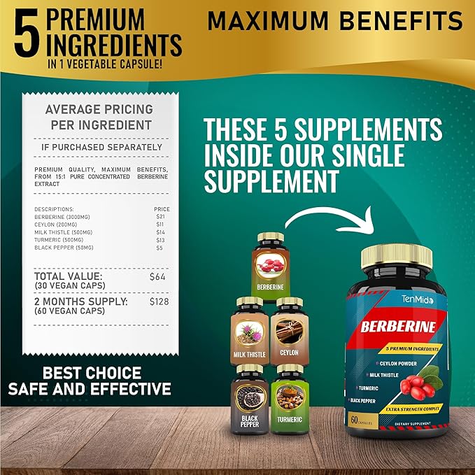 Berberine Supplement Extract Capsules, 2 Months Supply & Ceylon, Milk Thistle, Turmeric, Black Pepper | Immune Function Supports, Weight Management Supplements