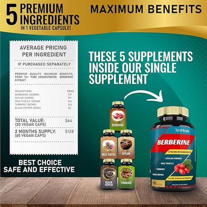 Berberine Supplement Extract Capsules, 2 Months Supply & Ceylon, Milk Thistle, Turmeric, Black Pepper | Immune Function Supports, Weight Management Supplements