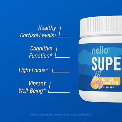 Nello Supercalm Powdered Drink Mix, Tropical Tangerine, L Theanine, Ksm-66 Ashwagandha, Magnesium Glycinate, Vitamin D 3, Supplements for Relaxation & Focus, Natural, No Sugar, Non GMO, Vegan, 30 Srvg