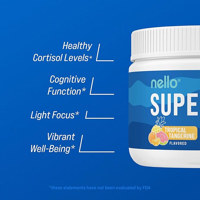 Nello Supercalm Powdered Drink Mix, Tropical Tangerine, L Theanine, Ksm-66 Ashwagandha, Magnesium Glycinate, Vitamin D 3, Supplements for Relaxation & Focus, Natural, No Sugar, Non GMO, Vegan, 30 Srvg