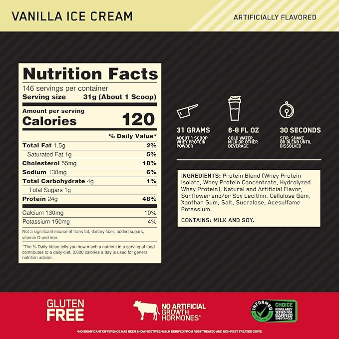 Optimum Nutrition Gold Standard 100% Whey Protein Powder, Vanilla Ice Cream, 10 Pound (Packaging May Vary)