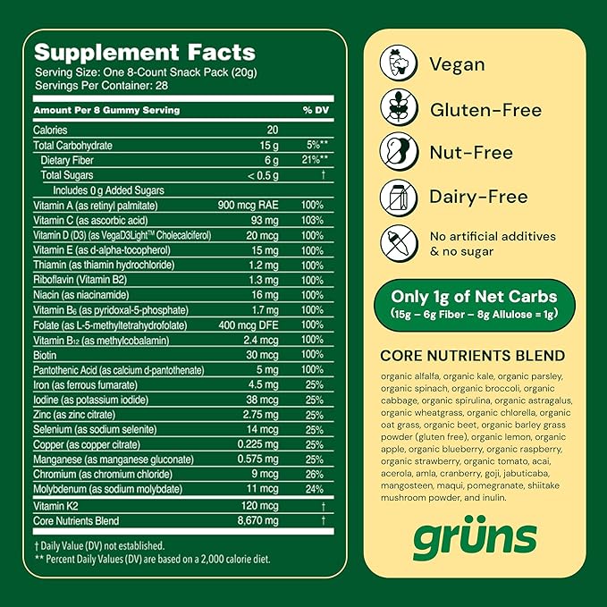 Gruns Adult Sugar-Free Super Greens Gummies - Superfood Gummy Bears with Spirulina, Chlorella & Prebiotics for Digestive Health - Adaptogens Supplement with 20 Vitamins & Minerals - 1 Month Supply