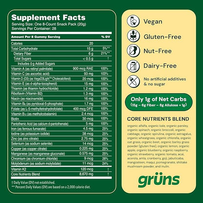 Gruns Adult Sugar-Free Super Greens Gummies - Superfood Gummy Bears with Spirulina, Chlorella & Prebiotics for Digestive Health - Adaptogens Supplement with 20 Vitamins & Minerals - 1 Month Supply
