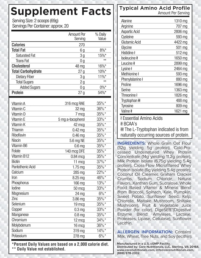 Core Nutritionals Platinum MRP Full Spectrum Meal Replacement, Sustained Release for All Day Amino Acid Support, 27G Protein, 20 Servings (Blueberry Crumb Cake)