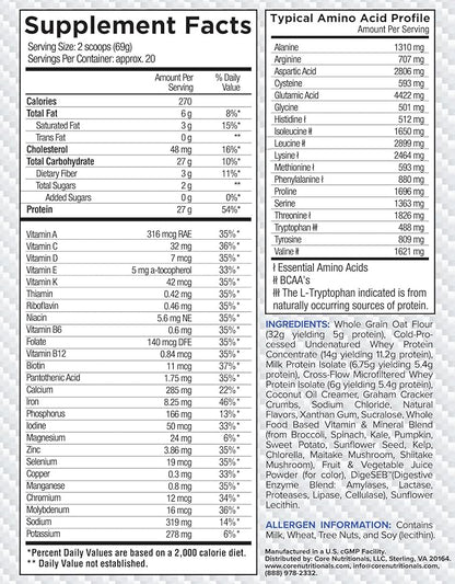Core Nutritionals Platinum MRP Full Spectrum Meal Replacement, Sustained Release for All Day Amino Acid Support, 27G Protein, 20 Servings (Blueberry Crumb Cake)
