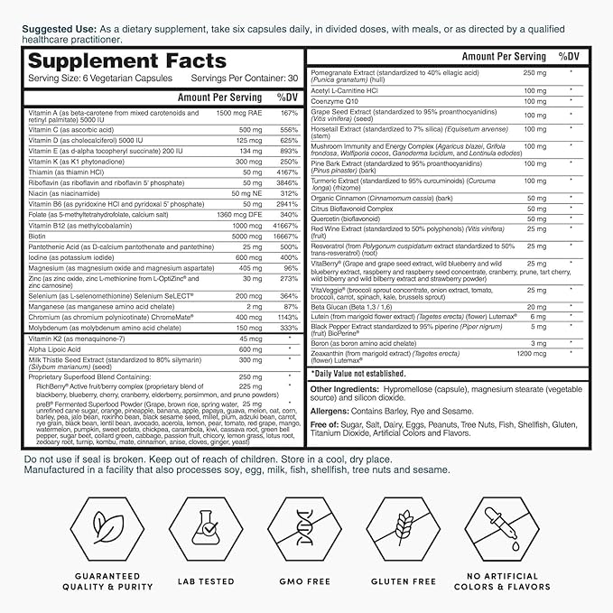 Nature's Lab Six Daily Advanced Multivitamin - Over 90 Nutrients, Minerals, Antioxidants, Herbs & Whole Foods - 180 Capsules (30 Day Supply)