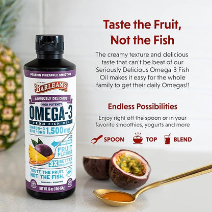 Barlean's Passion Pineapple High Potency Omega 3 Fish Oil Liquid Supplement, 1500mg EPA & DHA Fatty Acid, Smoothie Flavored & Burpless for Brain, Joint, & Heart Health, 16 oz